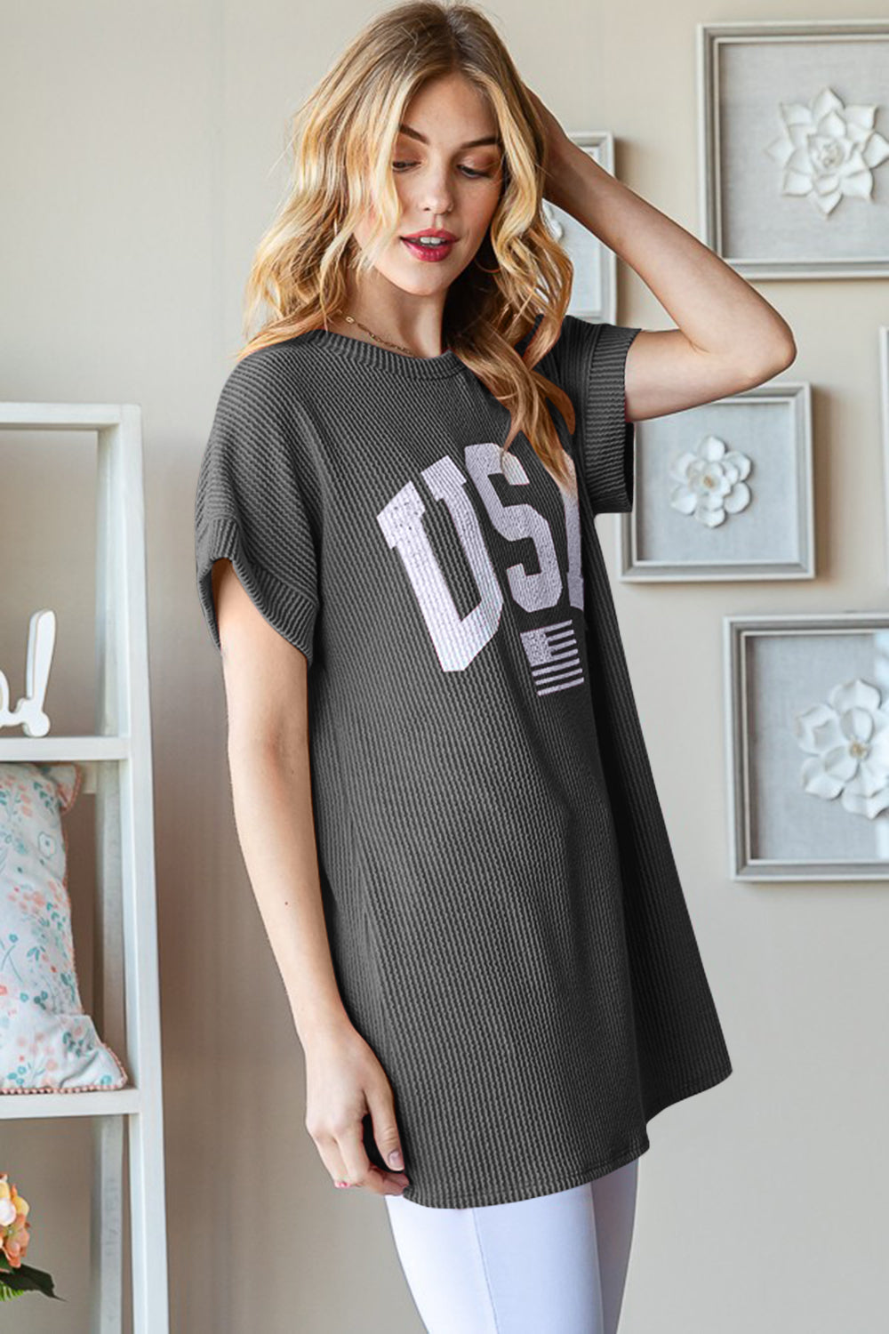 Heimish Full Size USA Graphic Short Sleeve Ribbed Top - UrbanEthereal