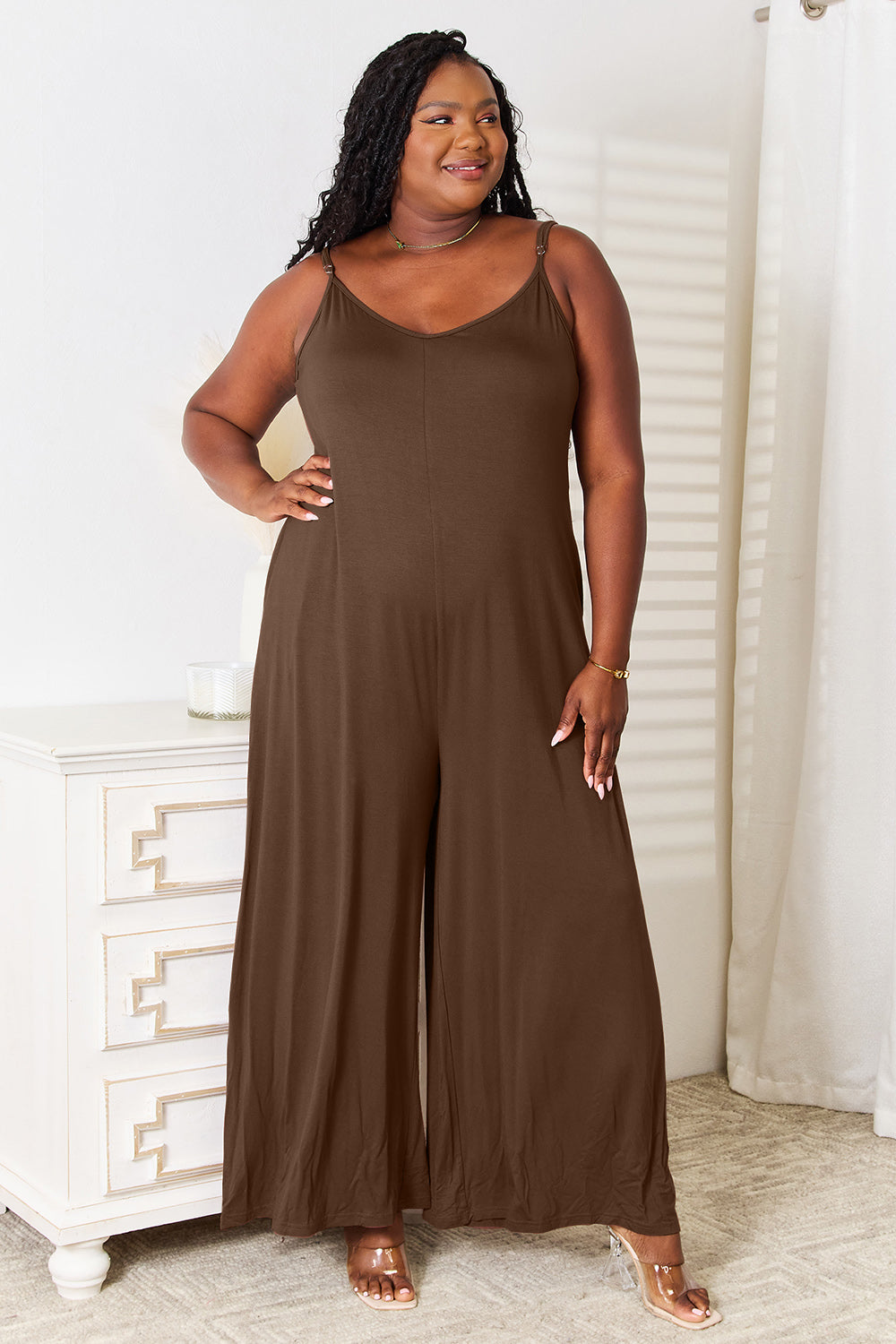 Double Take Full Size Soft Rayon Spaghetti Strap Tied Wide Leg Jumpsuit - UrbanEthereal