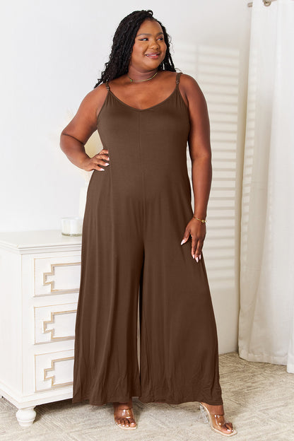 Double Take Full Size Soft Rayon Spaghetti Strap Tied Wide Leg Jumpsuit - UrbanEthereal