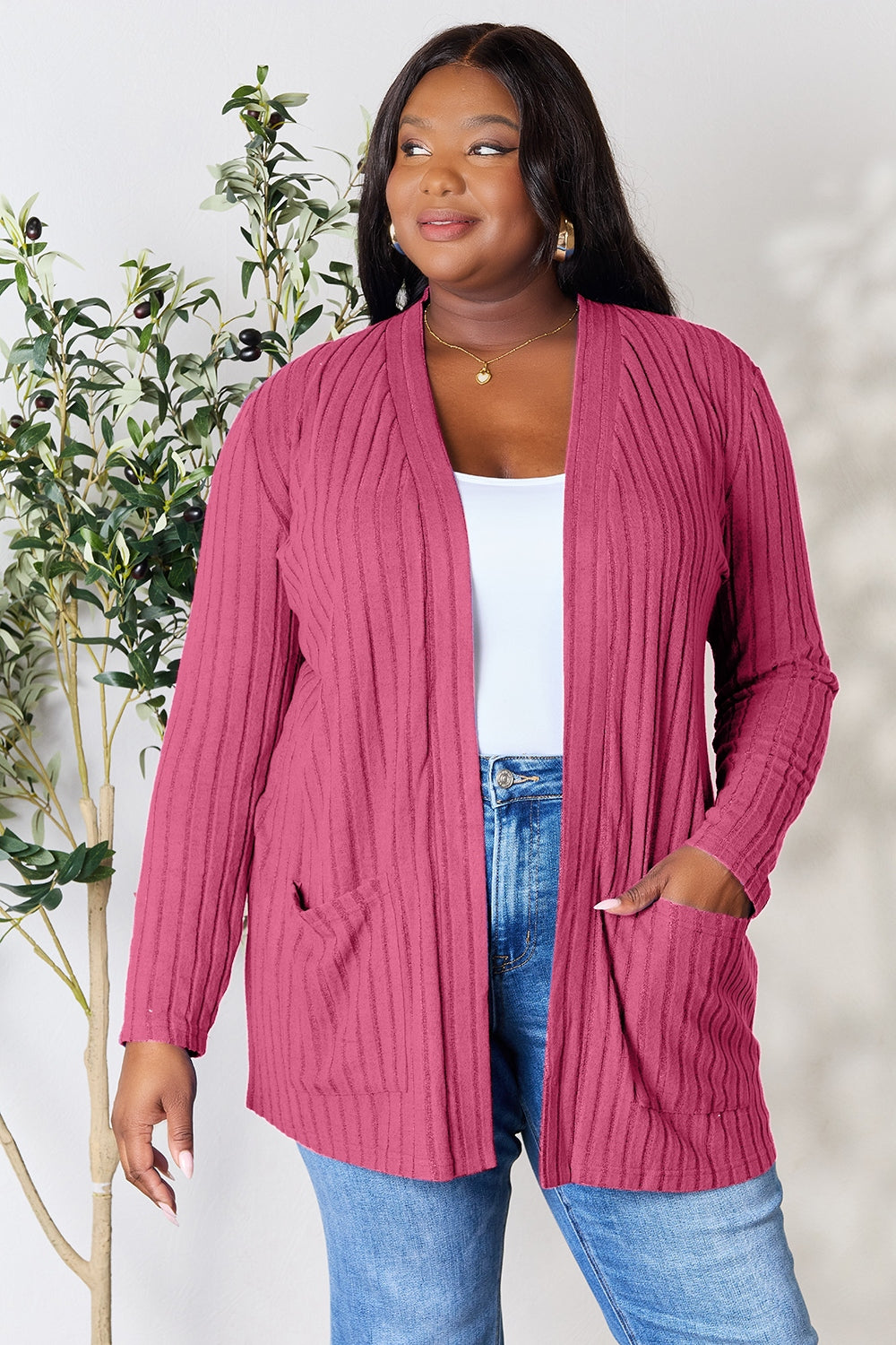 Basic Bae Full Size Ribbed Open Front Cardigan with Pockets - UrbanEthereal