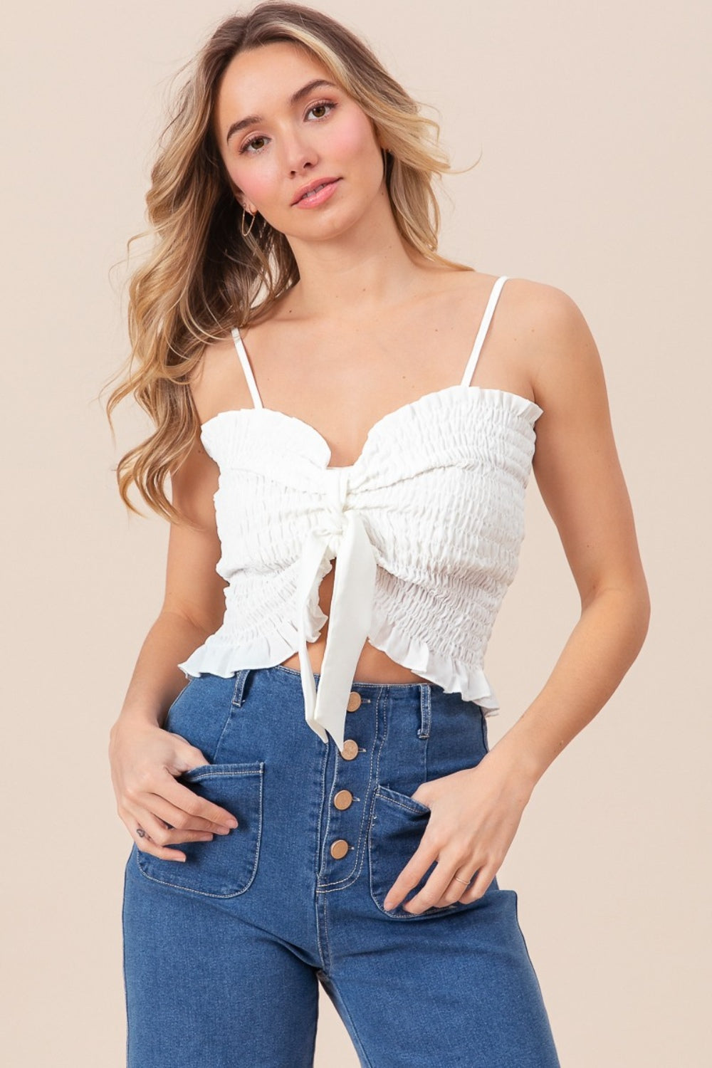 BiBi Ruffled Smocked Ribbon Detail Cami - UrbanEthereal