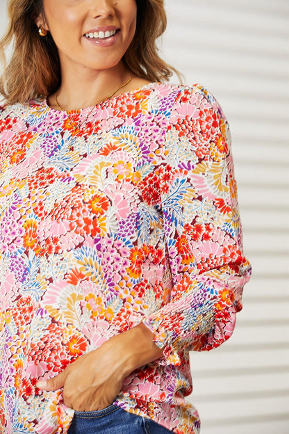 Double Take Floral Print Long Puff Sleeve Blouse - UrbanEthereal