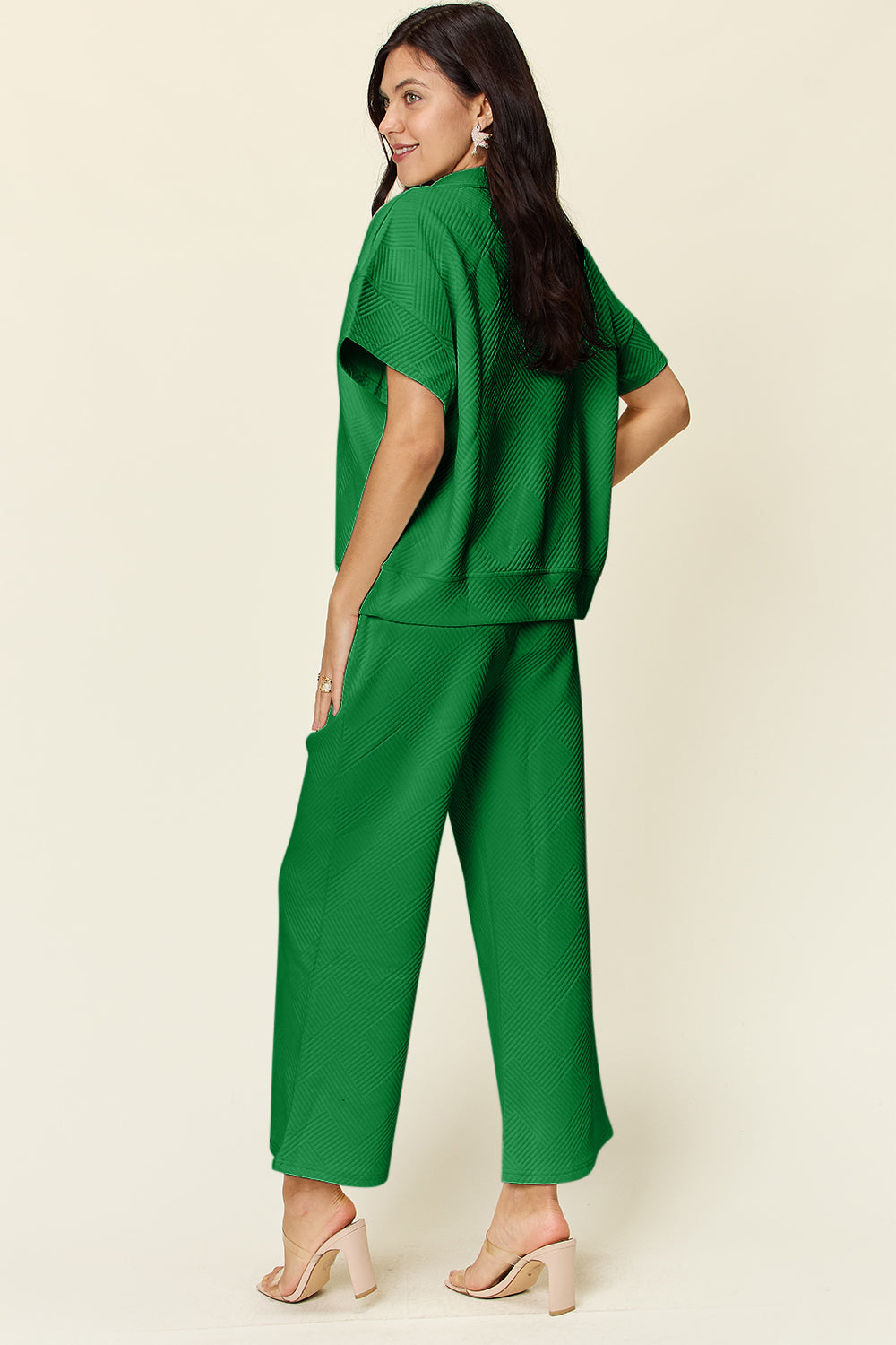 Double Take Full Size Texture Half Zip Short Sleeve Top and Pants Set - UrbanEthereal