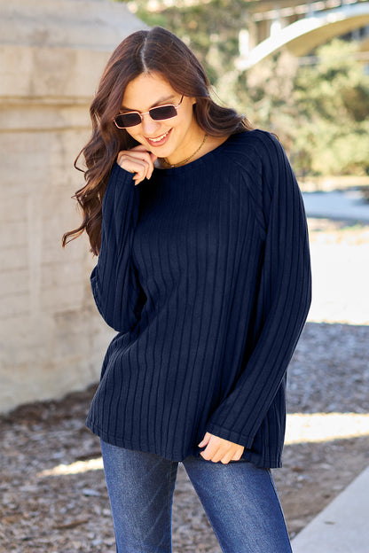 Basic Bae Full Size Ribbed Round Neck Long Sleeve Knit Top - UrbanEthereal