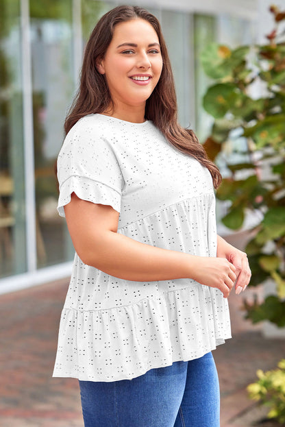 Plus Size Eyelet Round Neck Short Sleeve Blouse - UrbanEthereal
