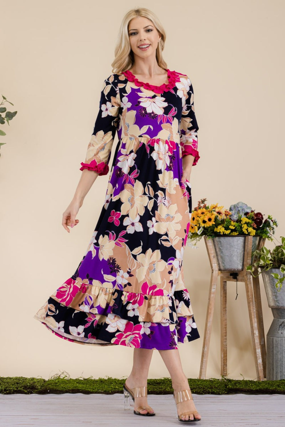 Celeste Full Size Floral Ruffled Midi Dress - UrbanEthereal