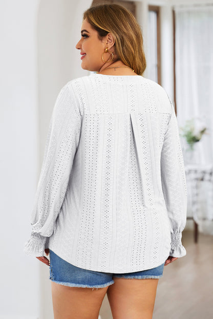 Plus Size Eyelet Notched Flounce Sleeve Blouse - UrbanEthereal