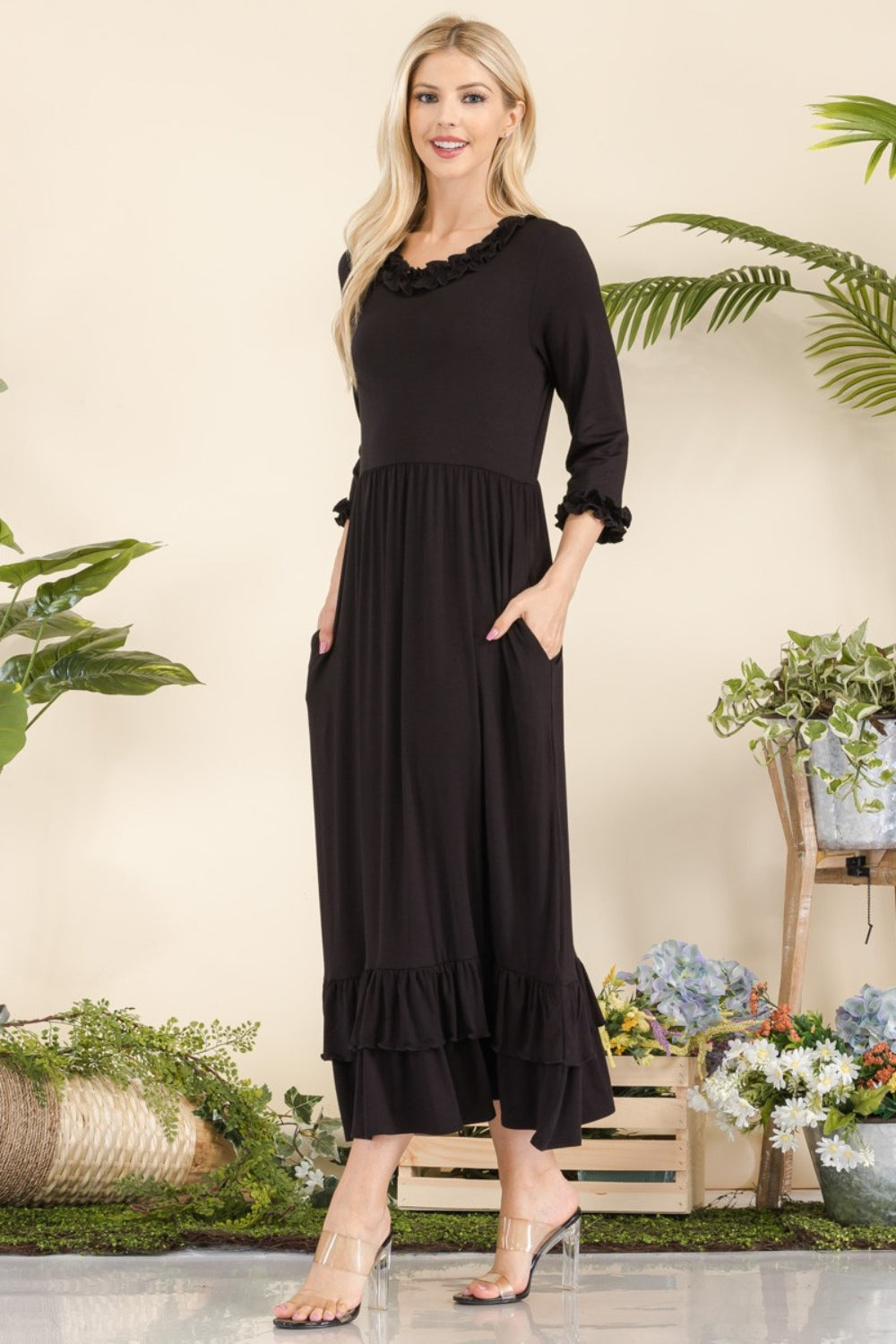 Celeste Full Size Layered Ruffle Hem Dress with Pockets - UrbanEthereal