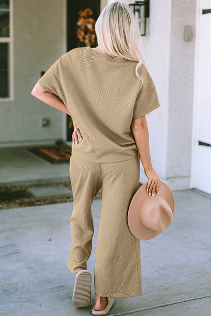 Double Take Full Size Texture Short Sleeve Top and Pants Set - UrbanEthereal