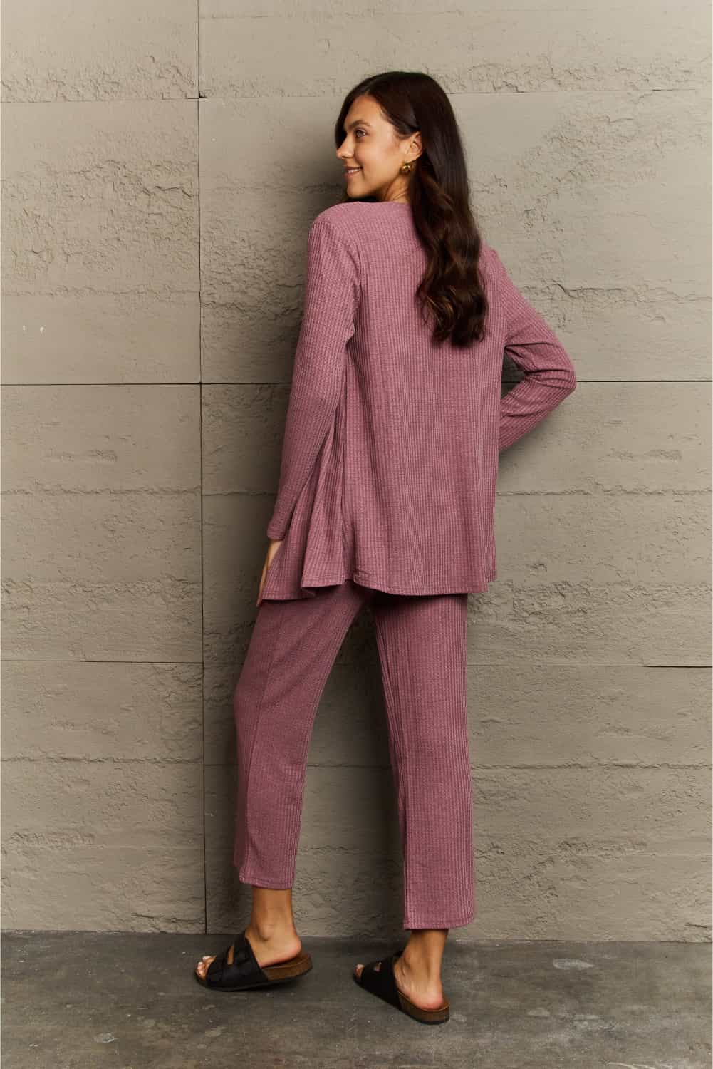 Ninexis Full Size Cropped Top, Long Pants and Cardigan Lounge Set