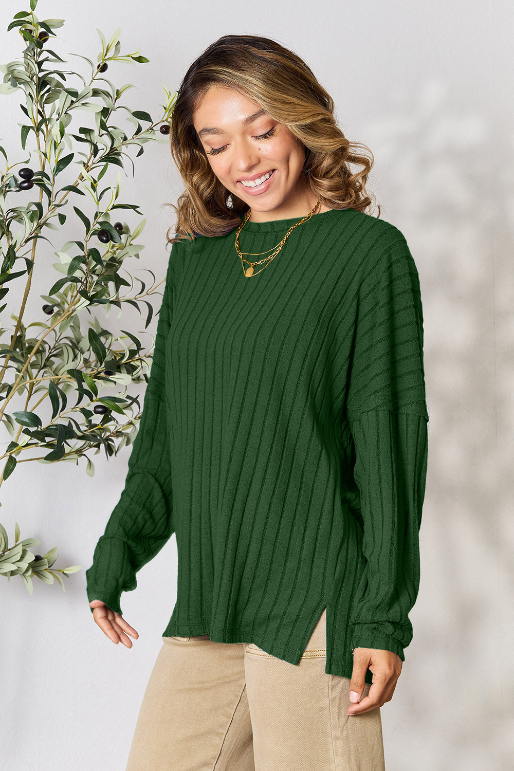 Basic Bae Full Size Ribbed Round Neck Slit Knit Top - UrbanEthereal