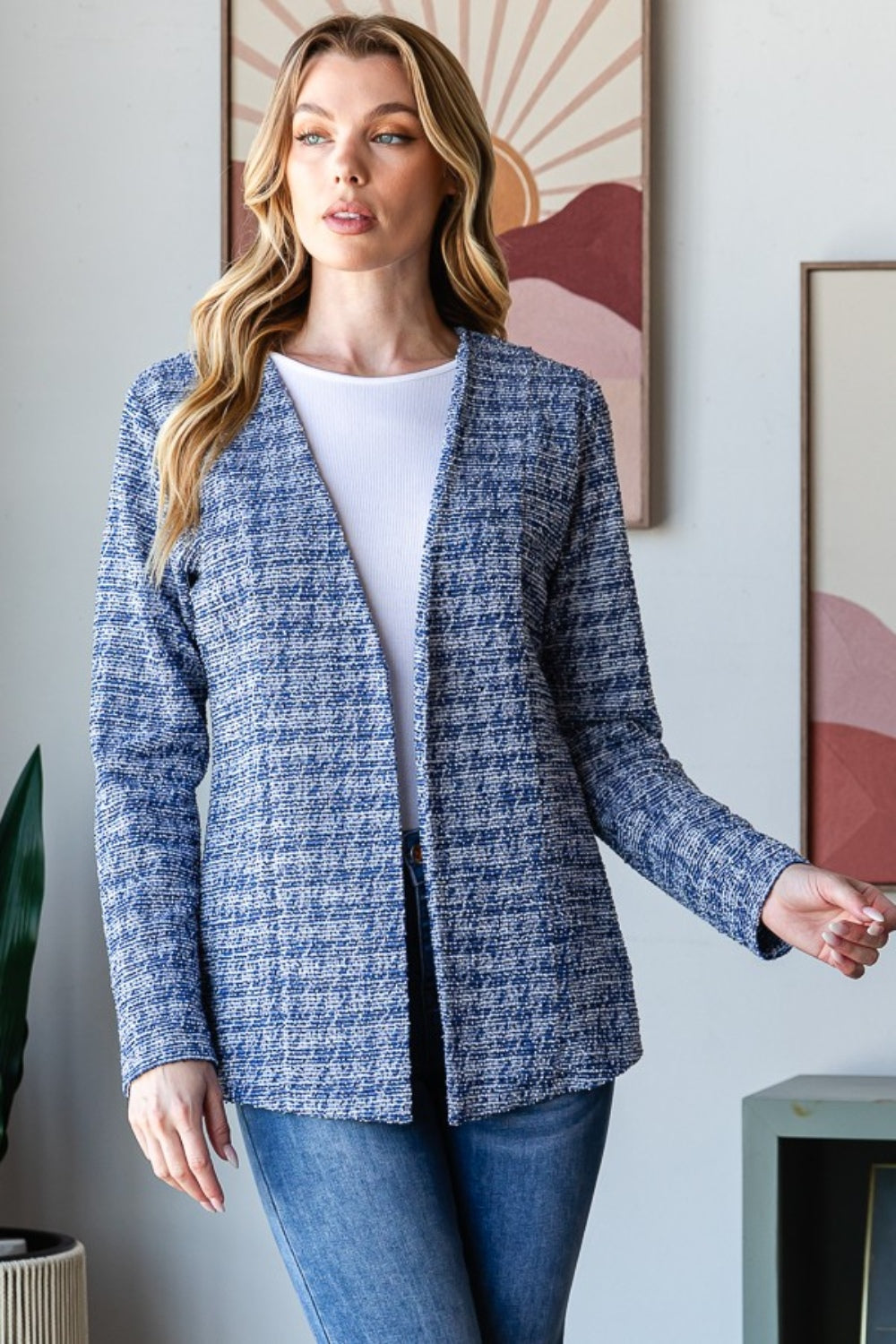 Heimish Full Size Houndstooth Tweed Open Front Blazer - UrbanEthereal