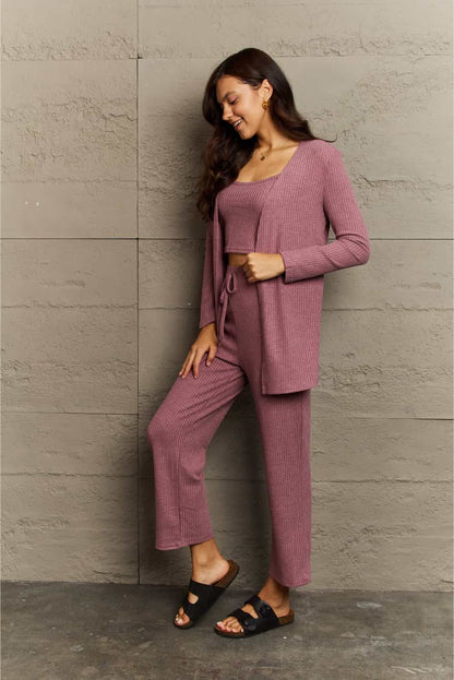 Ninexis Full Size Cropped Top, Long Pants and Cardigan Lounge Set