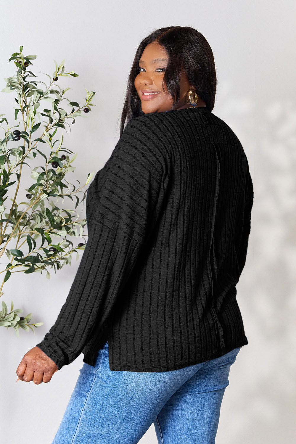 Basic Bae Full Size Ribbed Round Neck Slit Knit Top - UrbanEthereal