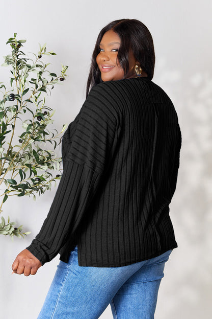 Basic Bae Full Size Ribbed Round Neck Slit Knit Top - UrbanEthereal