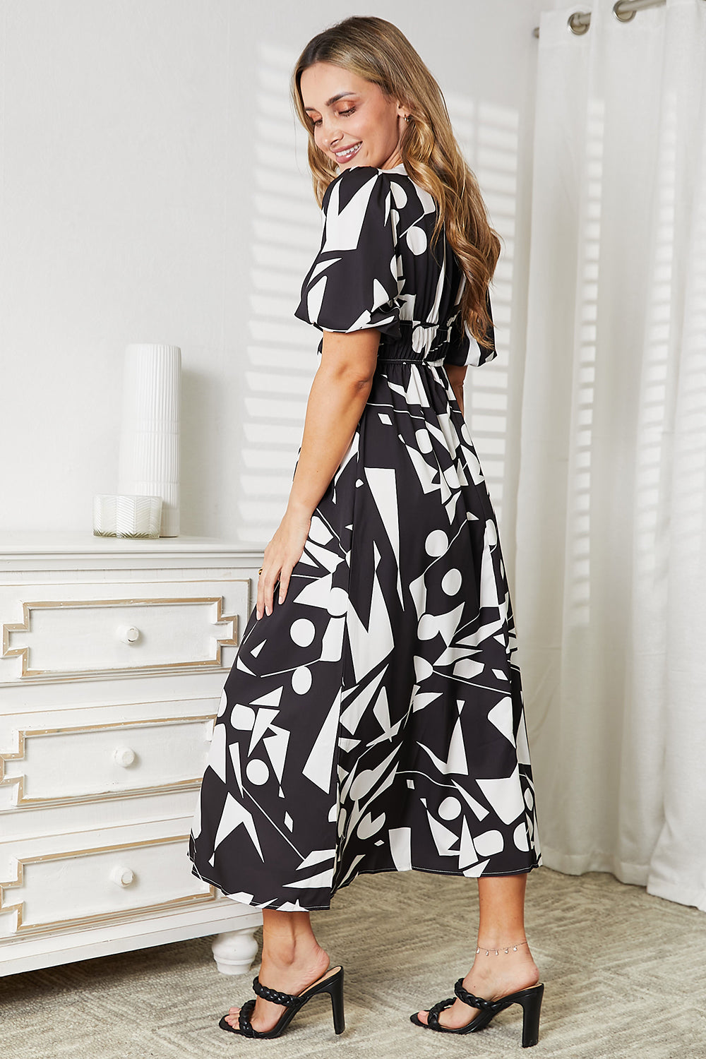 Printed Surplice Balloon Sleeve Dress - UrbanEthereal