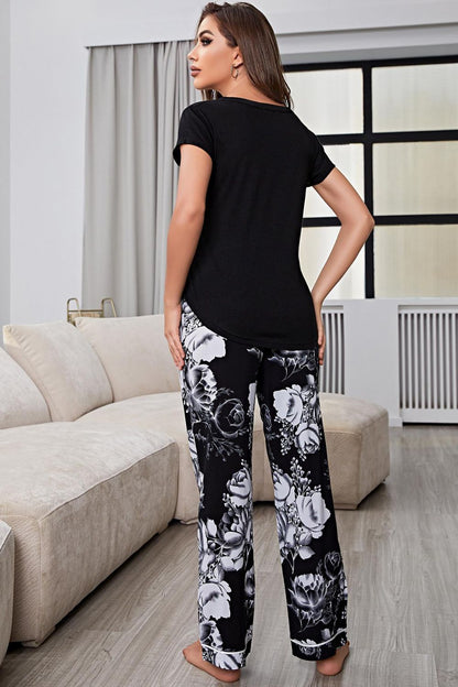 Full Size V-Neck Top and Floral Pants Lounge Set