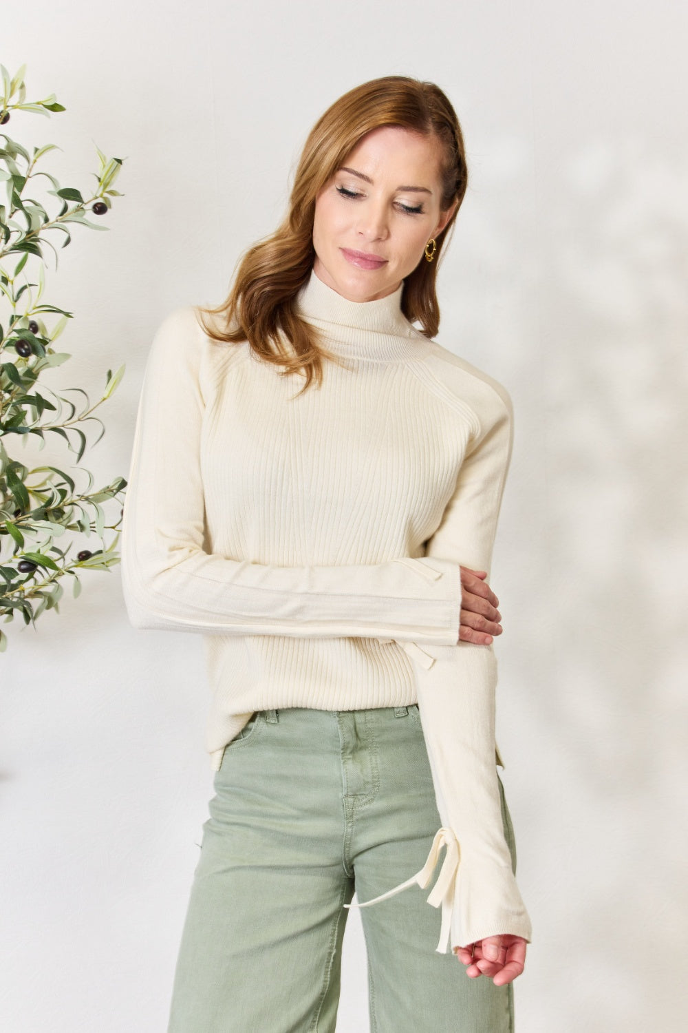 Heimish Full Size Ribbed Bow Detail Long Sleeve Turtleneck Knit Top - UrbanEthereal