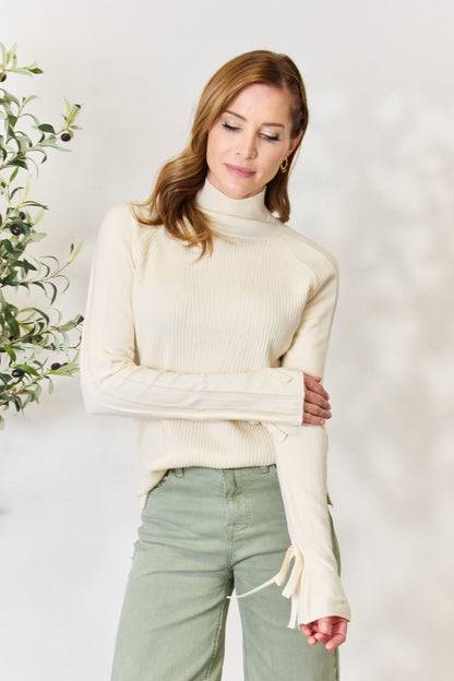 Heimish Full Size Ribbed Bow Detail Long Sleeve Turtleneck Knit Top - UrbanEthereal