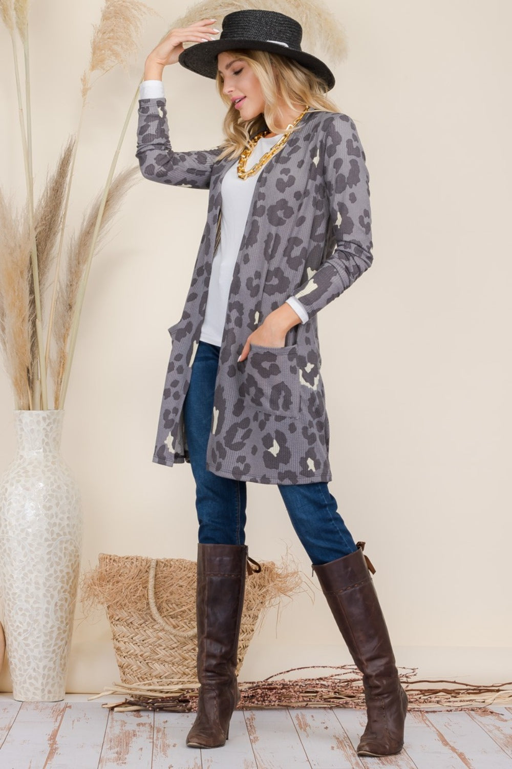 Celeste Full Size Leopard Open Front Contrast Cardigan - UrbanEthereal