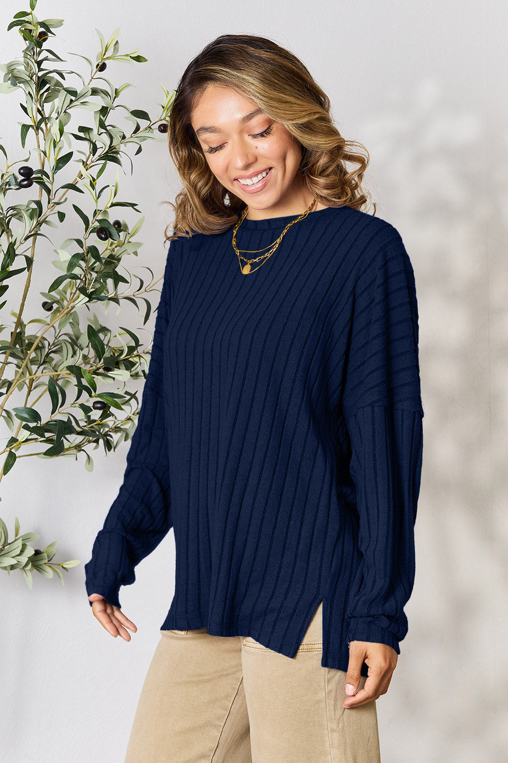Basic Bae Full Size Ribbed Round Neck Slit Knit Top - UrbanEthereal