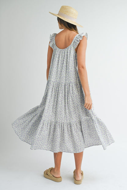 MABLE Floral Ruffle Shoulder Tiered Midi Dress - UrbanEthereal