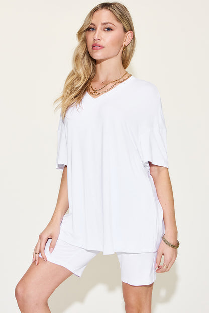 Basic Bae Full Size V-Neck Drop Shoulder T-Shirt and Shorts Set - UrbanEthereal