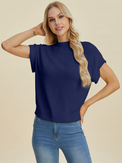 Double Take Full Size Mock Neck Short Sleeve Sweater - UrbanEthereal