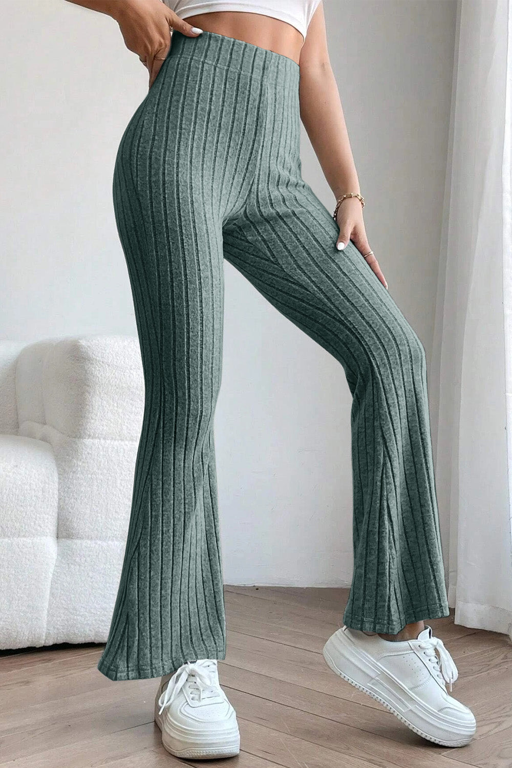 Basic Bae Full Size Ribbed High Waist Flare Pants - UrbanEthereal