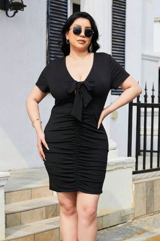 Plus Size Ruched Tied Short Sleeve Mini Dress - UrbanEthereal
