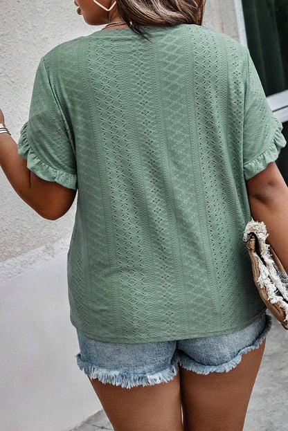 Plus Size Eyelet V-Neck Petal Sleeve Blouse - UrbanEthereal