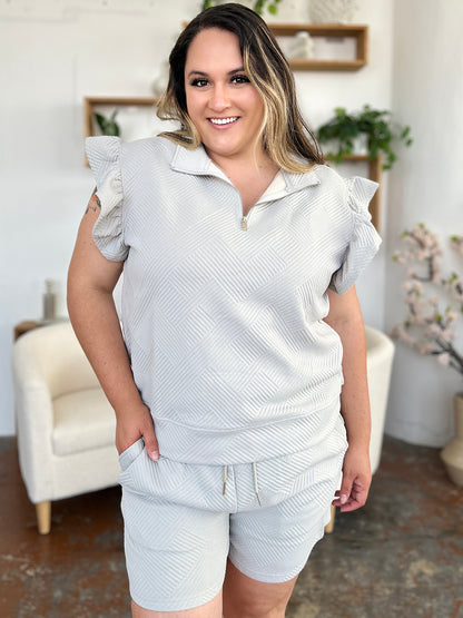 Double Take Full Size Texture Flounce Sleeve Top and Drawstring Shorts Set - UrbanEthereal