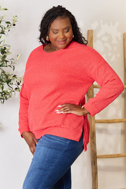 Basic Bae Round Neck Drop Shoulder Slit Sweatshirt - UrbanEthereal