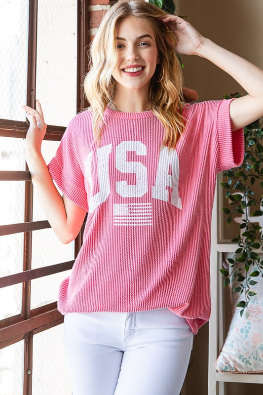 Heimish Full Size USA Graphic Short Sleeve Ribbed Top - UrbanEthereal