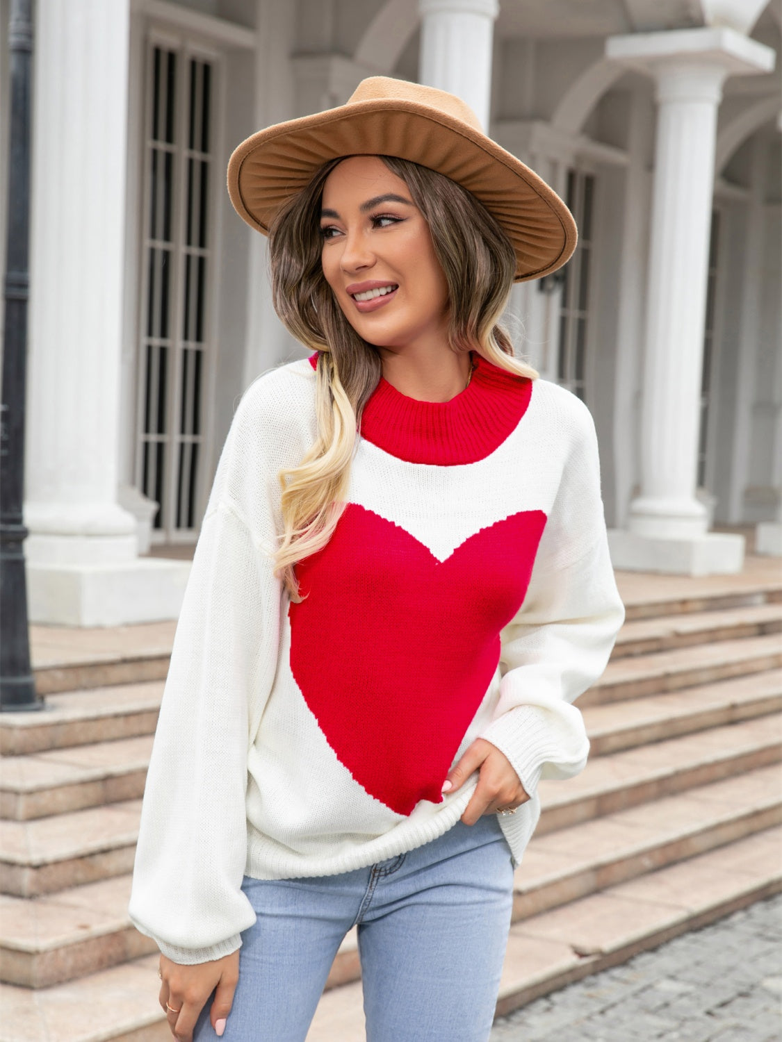 Angel Wings Heart Graphic Round Neck Sweater