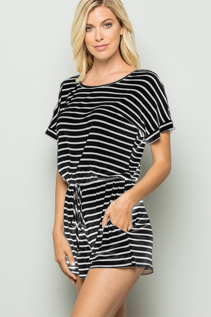 Heimish Full Size Striped Round Neck Short Sleeve Romper - UrbanEthereal