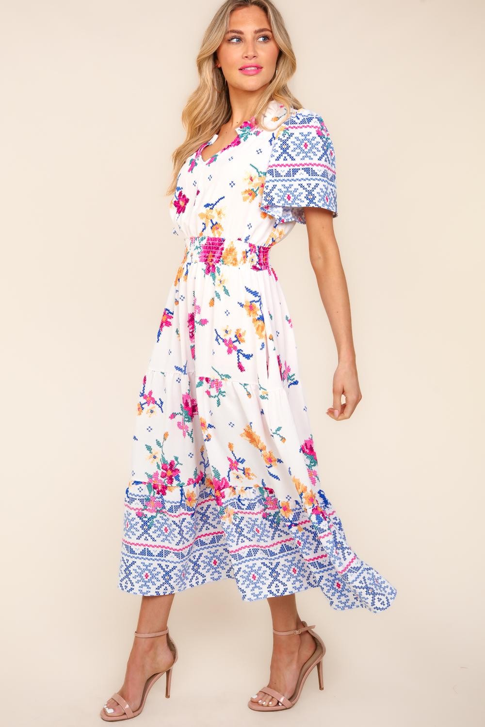Haptics Printed Notched Short Sleeve Tiered Dress - UrbanEthereal