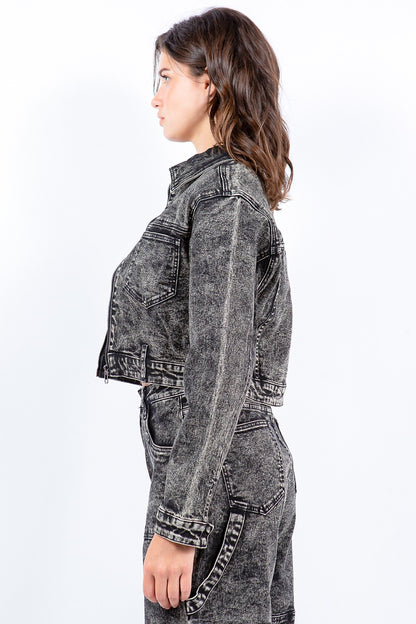 American Bazi Overdyed Bleached Zip Up Cropped Jacket - UrbanEthereal