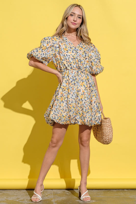 And The Why Full Size Floral Surplice Puff Sleeve Dress - UrbanEthereal