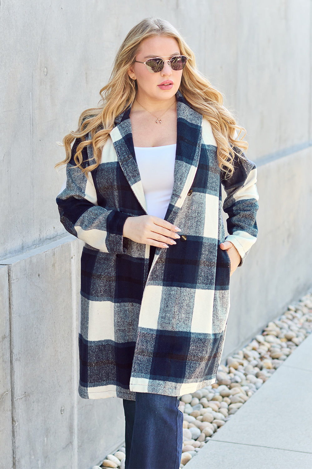 Double Take Full Size Plaid Button Up Lapel Collar Coat - UrbanEthereal