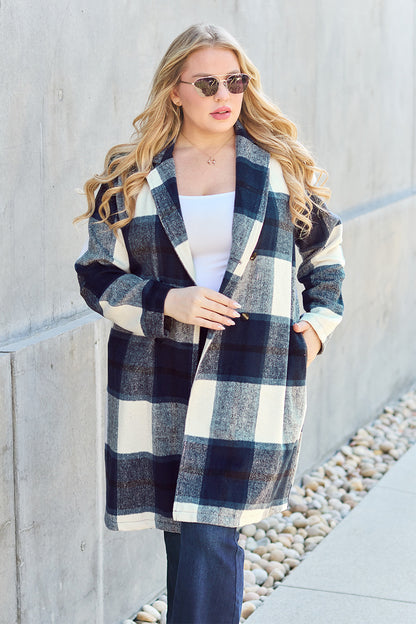 Double Take Full Size Plaid Button Up Lapel Collar Coat - UrbanEthereal