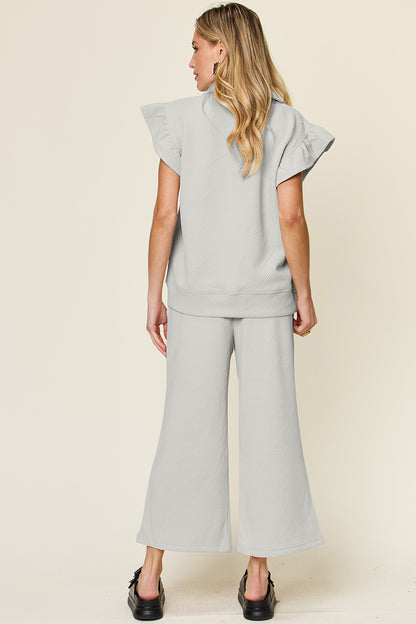 Double Take Texture Ruffle Short Sleeve Top and Drawstring Wide Leg Pants Set - UrbanEthereal