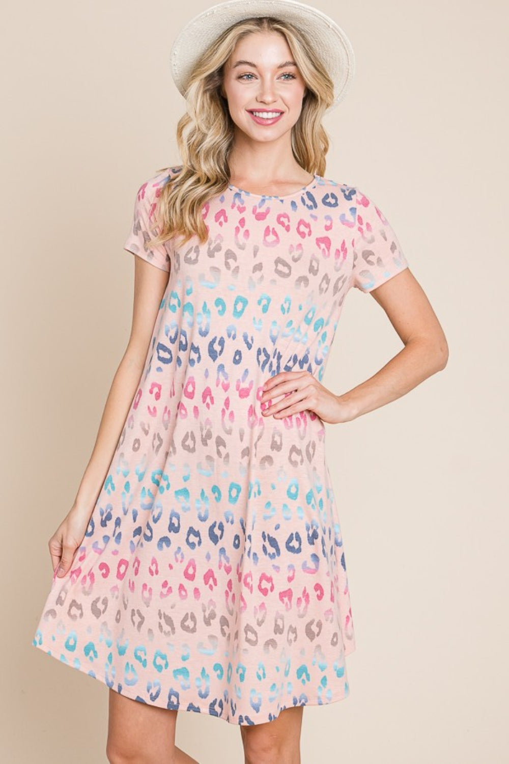 BOMBOM Leopard Round Neck Short Sleeve Dress - UrbanEthereal