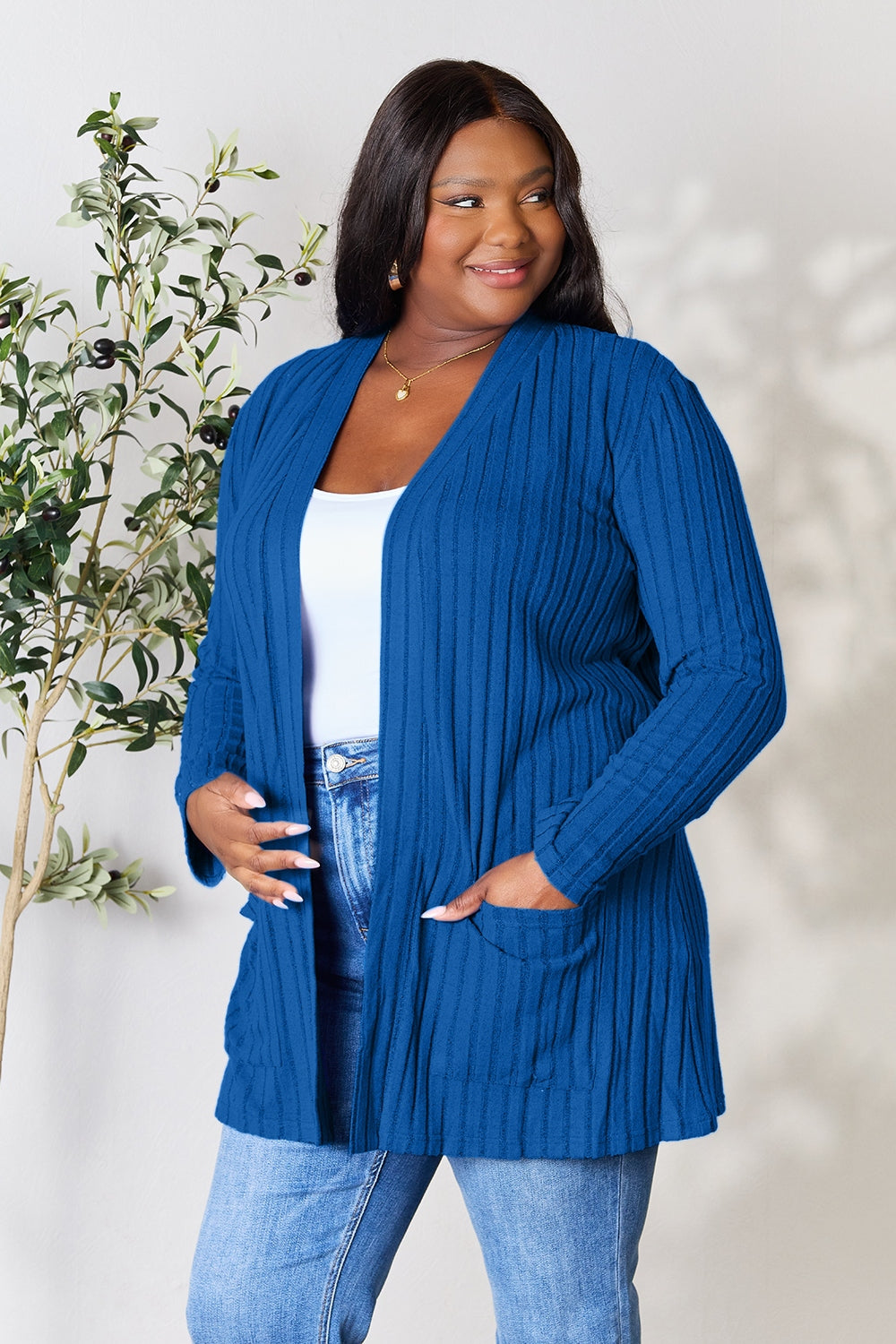 Basic Bae Full Size Ribbed Open Front Cardigan with Pockets - UrbanEthereal