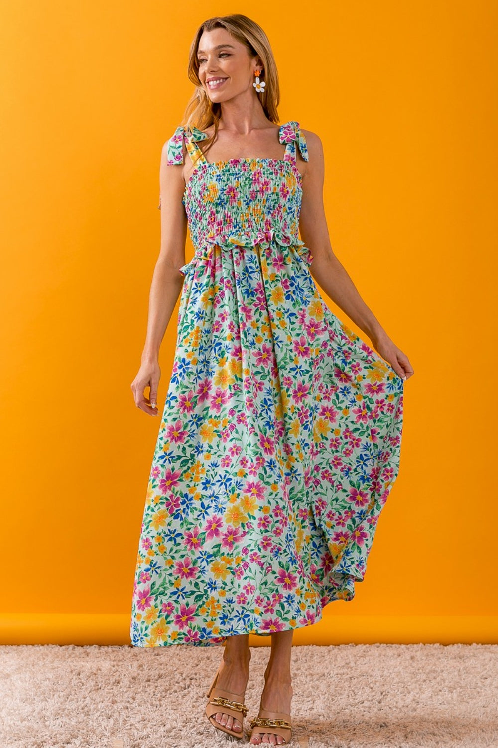 BiBi Floral Ruffle Trim Smocked Cami Dress - UrbanEthereal