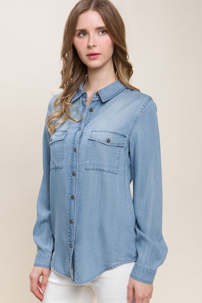 Love Tree Scooped Hem Button Up Denim Shirt - UrbanEthereal