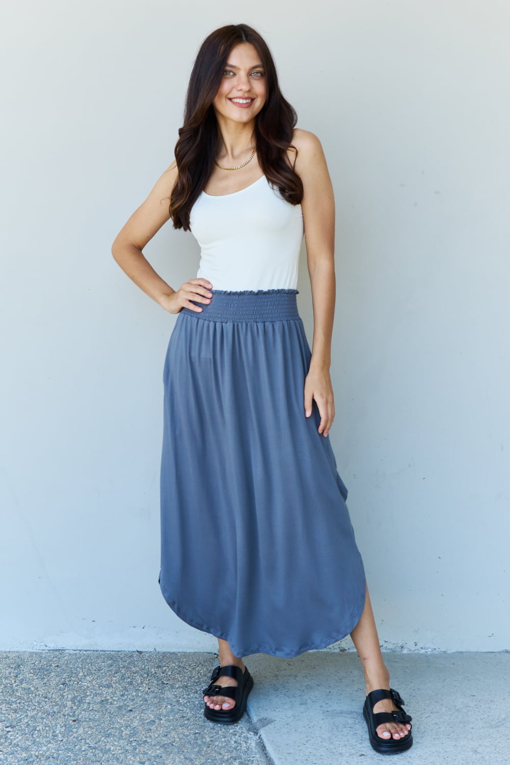 Doublju Comfort Princess Full Size High Waist Scoop Hem Maxi Skirt in Charcoal - UrbanEthereal