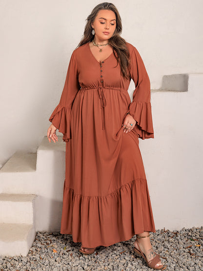 Plus Size V-Neck Flare Sleeve Maxi Dress - UrbanEthereal