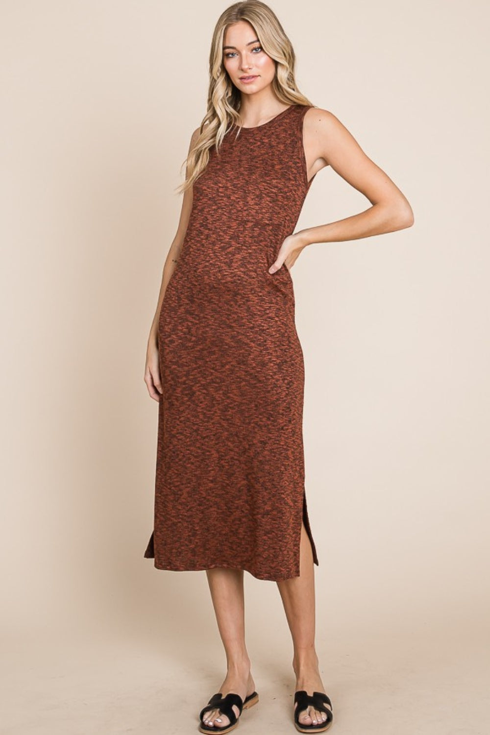 BOMBOM Slit Round Neck Sleeveless Midi Dress - UrbanEthereal