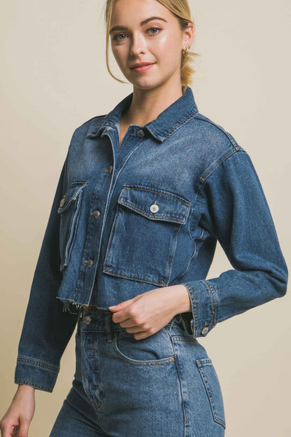 Love Tree Raw Hem Button Up Cropped Denim Jacket - UrbanEthereal